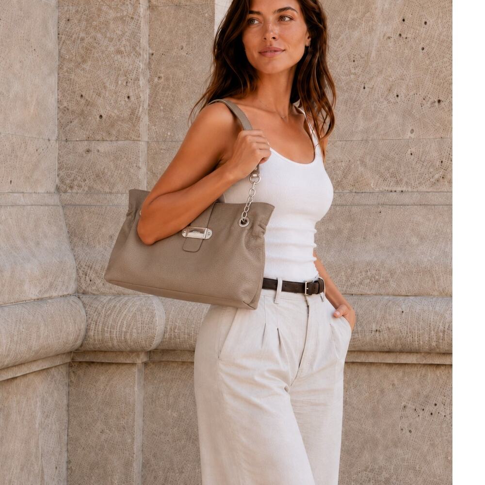 Furla Pebbled Leather Chain Handle Tote Bag in Taupe Greige